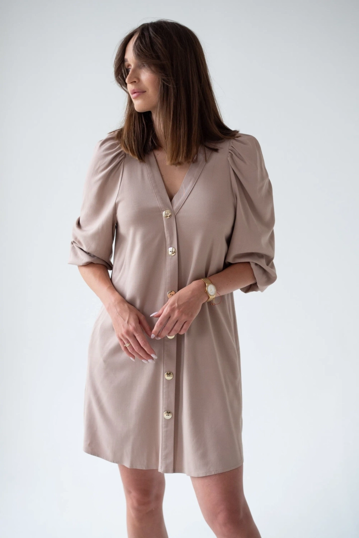 Sukienka wiskozowa z bufiastymi rękawami beżowa DALIA