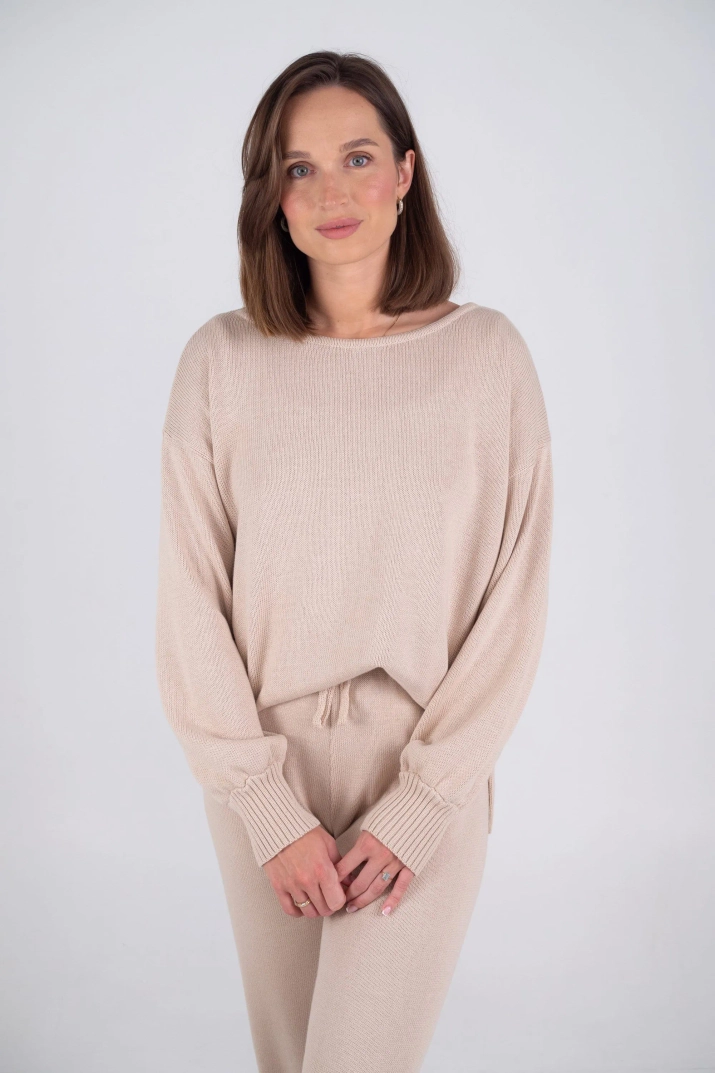 Bawełniany sweter oversize z dekoltem beżowy FLORES