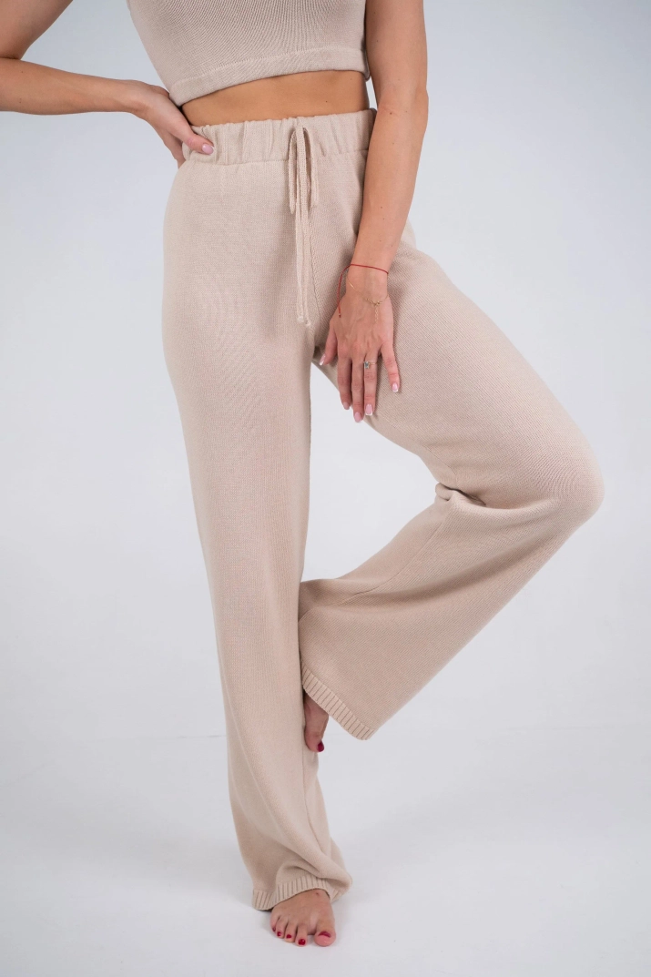 Długie dzianinowe spodnie bawełniane beżowe FLORES