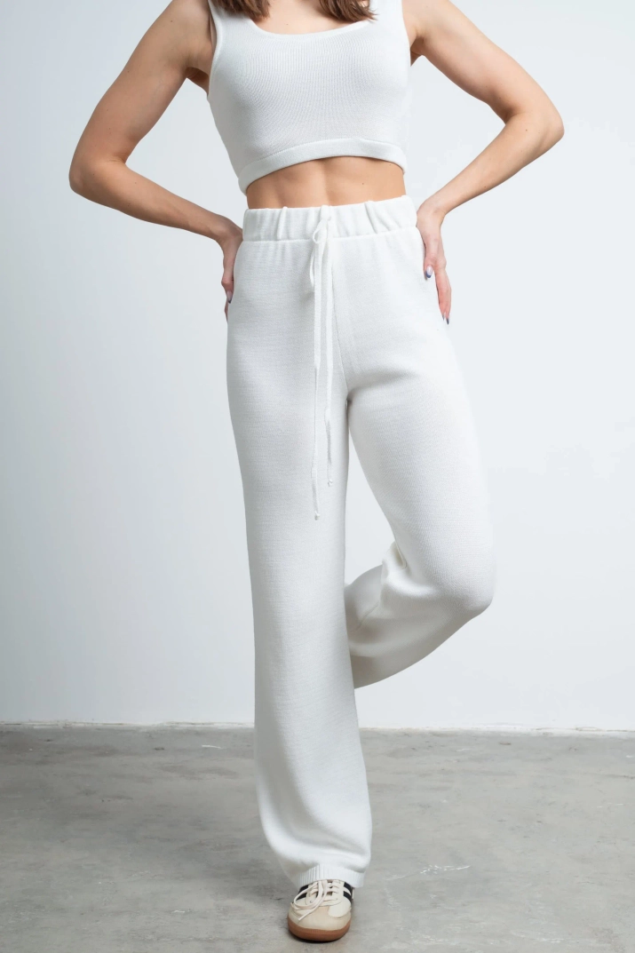 Długie dzianinowe spodnie bawełniane ecru FLORES